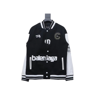 Balenciaga 22FW Towel Embroidery Leather Sleeves Baseball Jacket 01