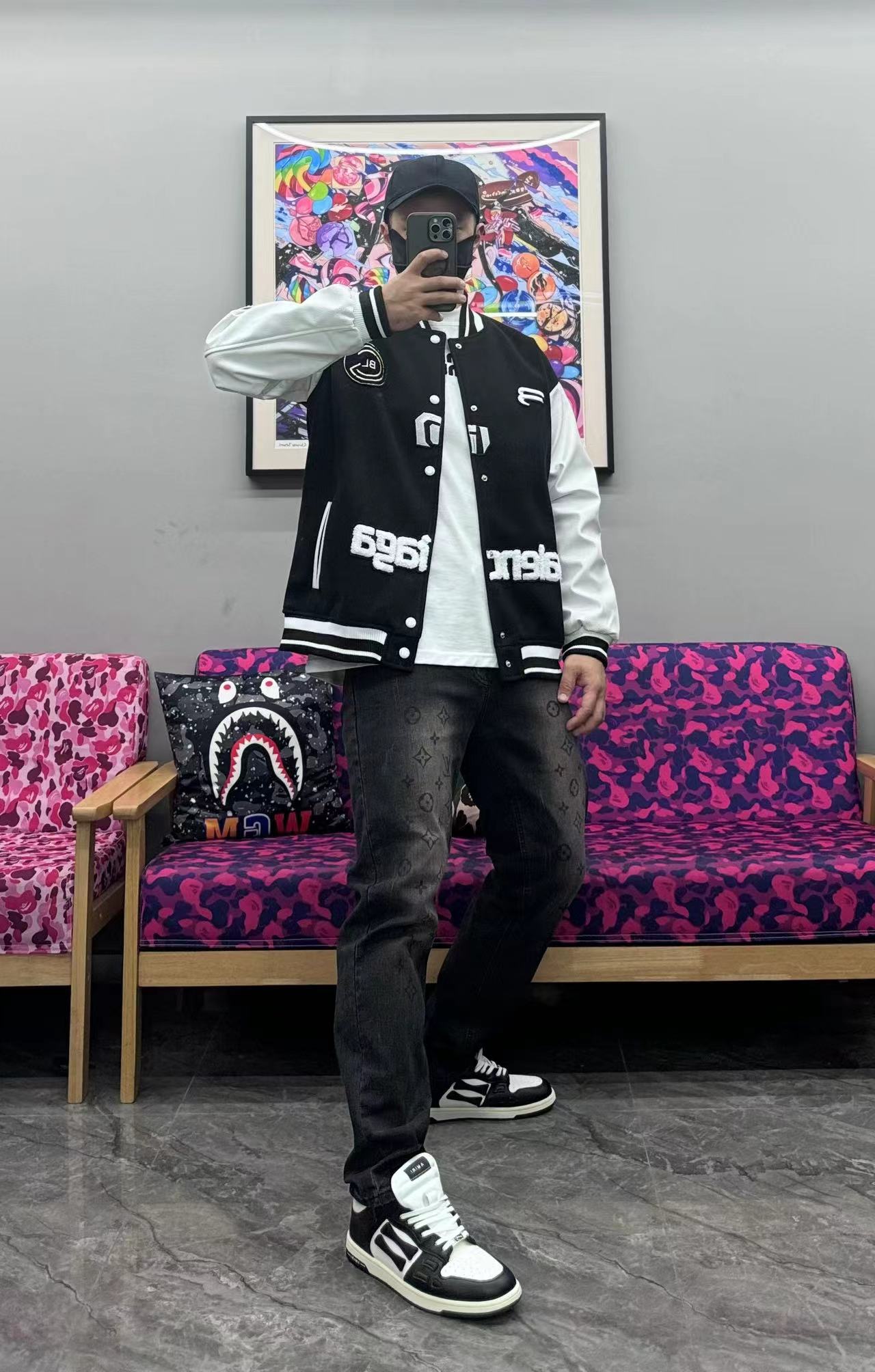 Balenciaga 22FW Towel Embroidery Leather Sleeves Baseball Jacket