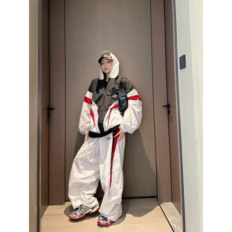 Balenciaga 24FW 3B Red And White Stitching Hooded Sports Suit Jacket