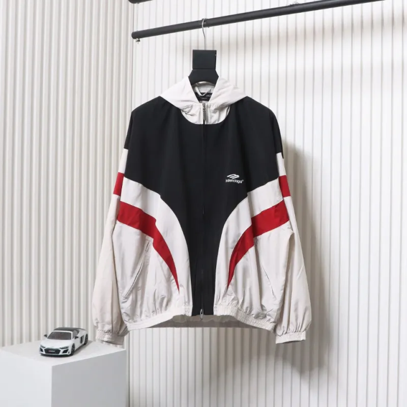 Balenciaga 24FW 3B Red And White Stitching Hooded Sports Suit Jacket