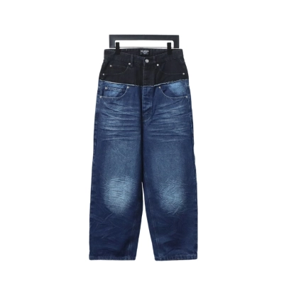 Balenciaga 24SS Black And Blue Stitched Ripped Denim Pants 01