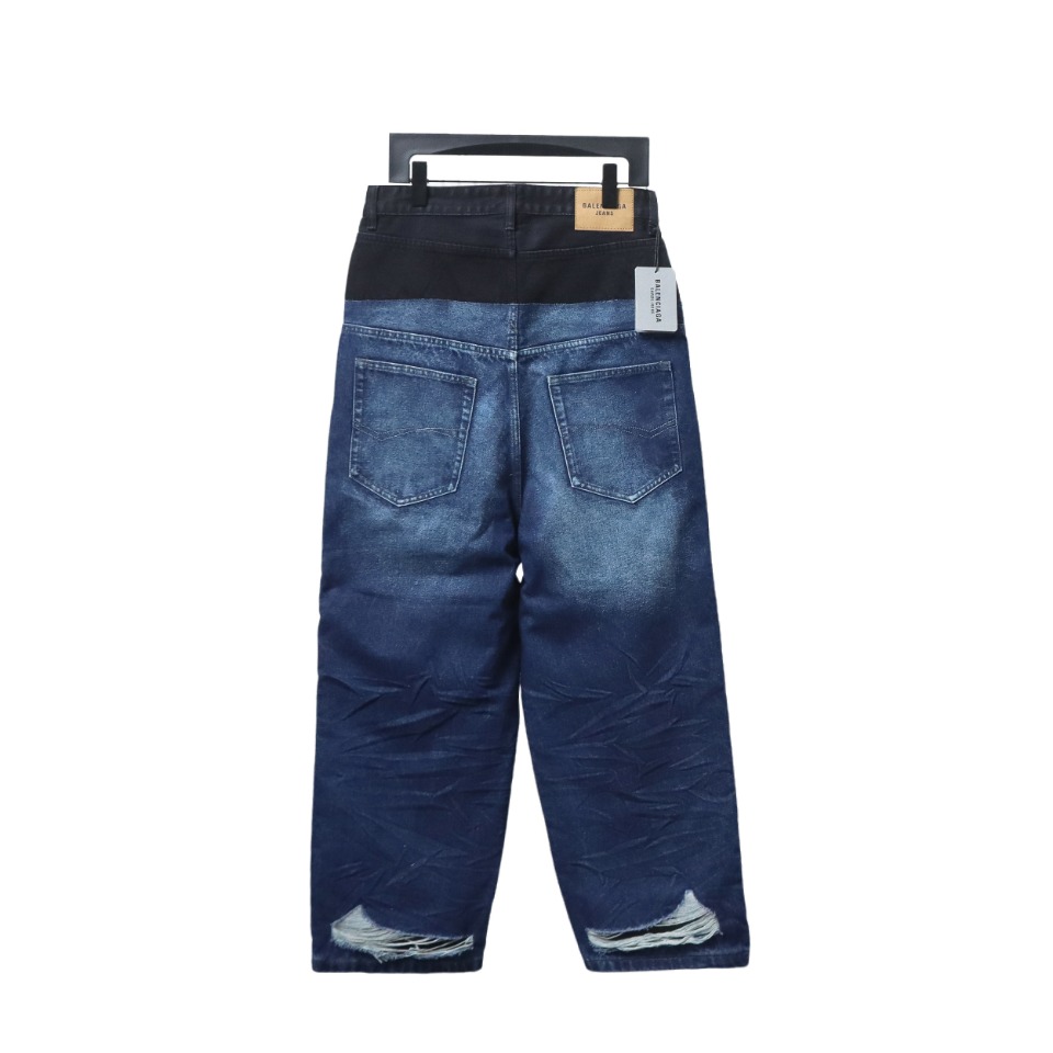 Balenciaga 24SS Black And Blue Stitched Ripped Denim Pants