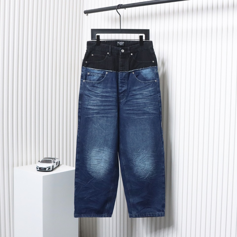 Balenciaga 24SS Black And Blue Stitched Ripped Denim Pants