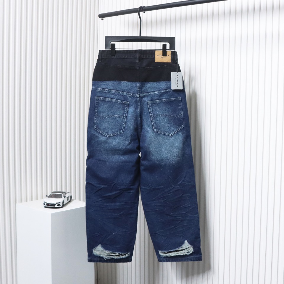 Balenciaga 24SS Black And Blue Stitched Ripped Denim Pants