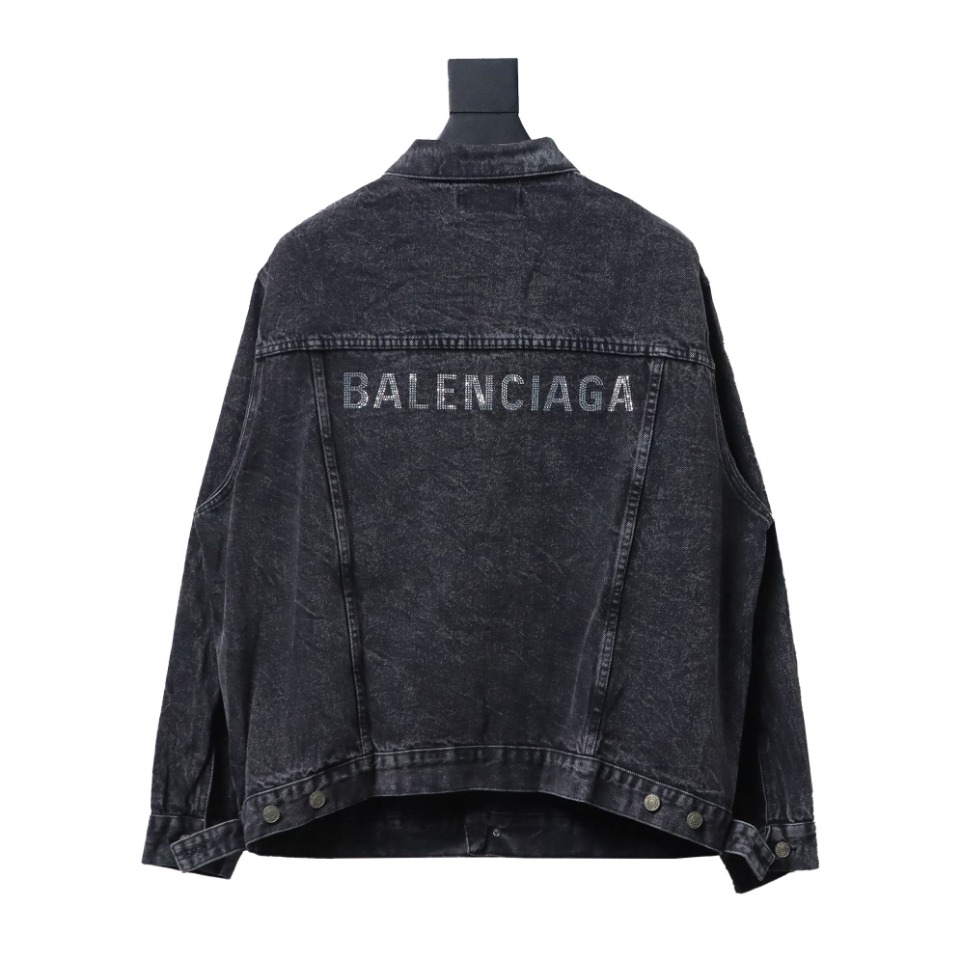 Balenciaga 24ss Letter Hot Rhinestone Washed Denim Jacket