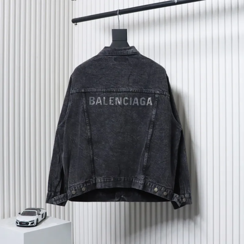 Balenciaga 24ss Letter Hot Rhinestone Washed Denim Jacket