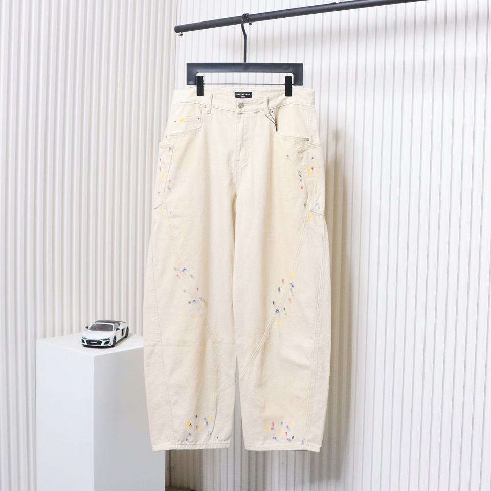 Balenciaga 24SS New Summer Scimitar Hand-Painted Ink Trousers White
