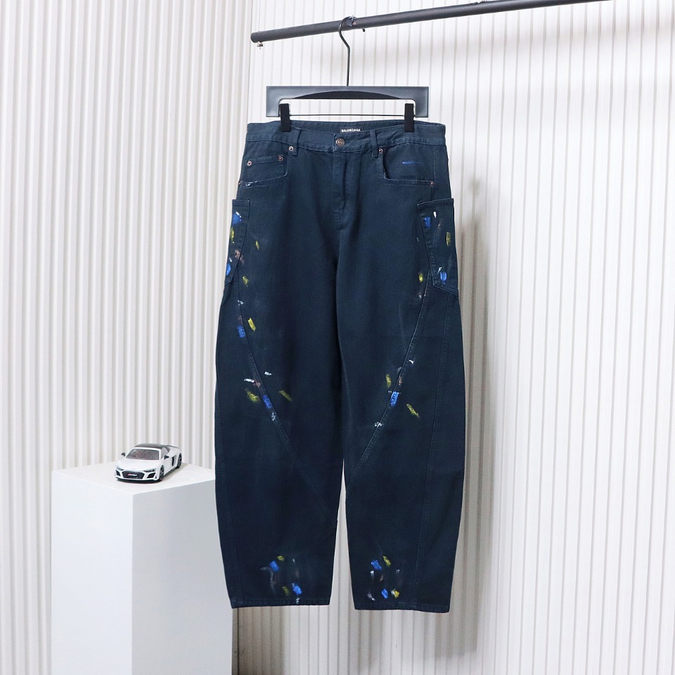 Balenciaga 24SS New Summer Scimitar Hand-Painted Ink Trousers Dark Blue