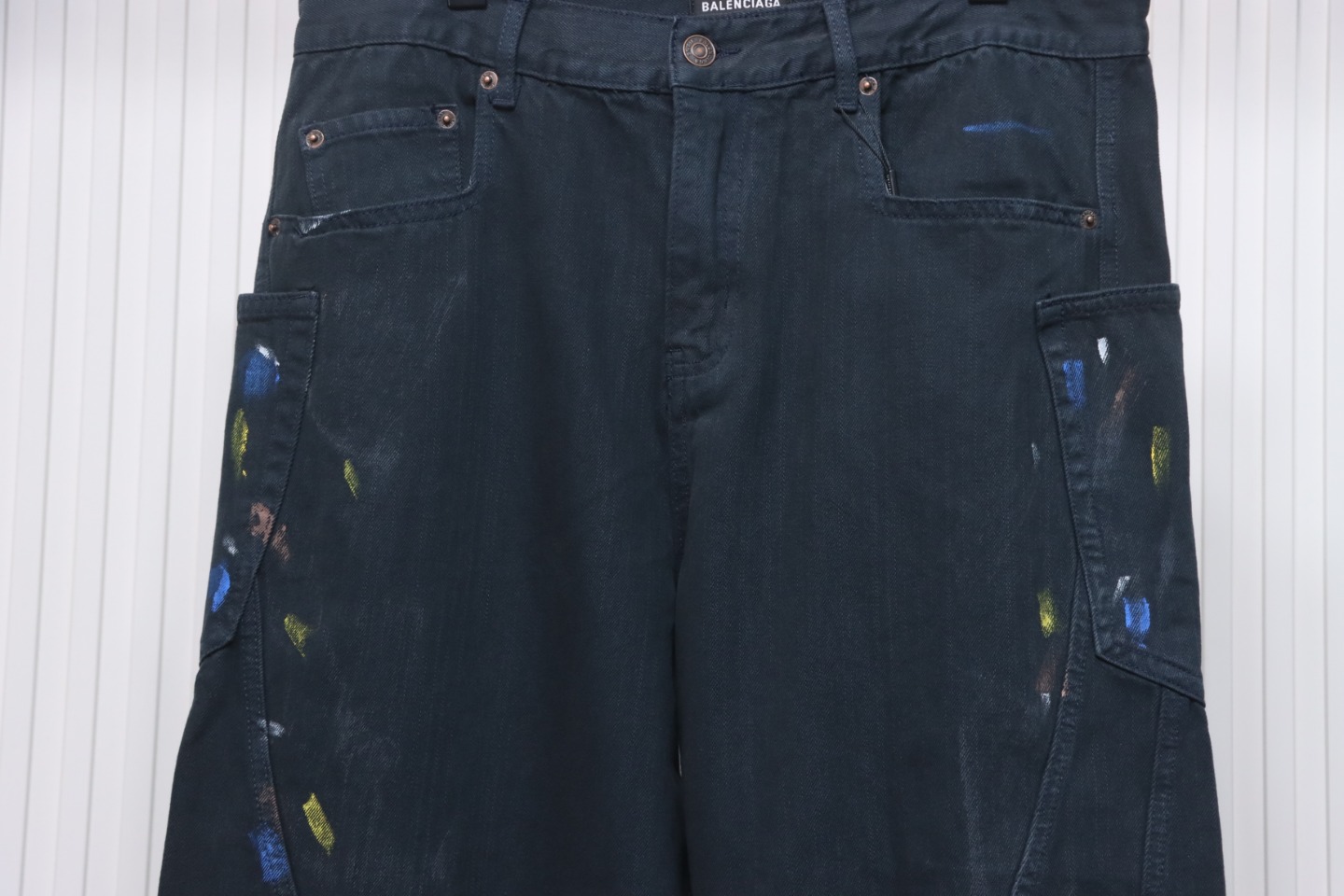 Balenciaga 24SS New Summer Scimitar Hand-Painted Ink Trousers Dark Blue