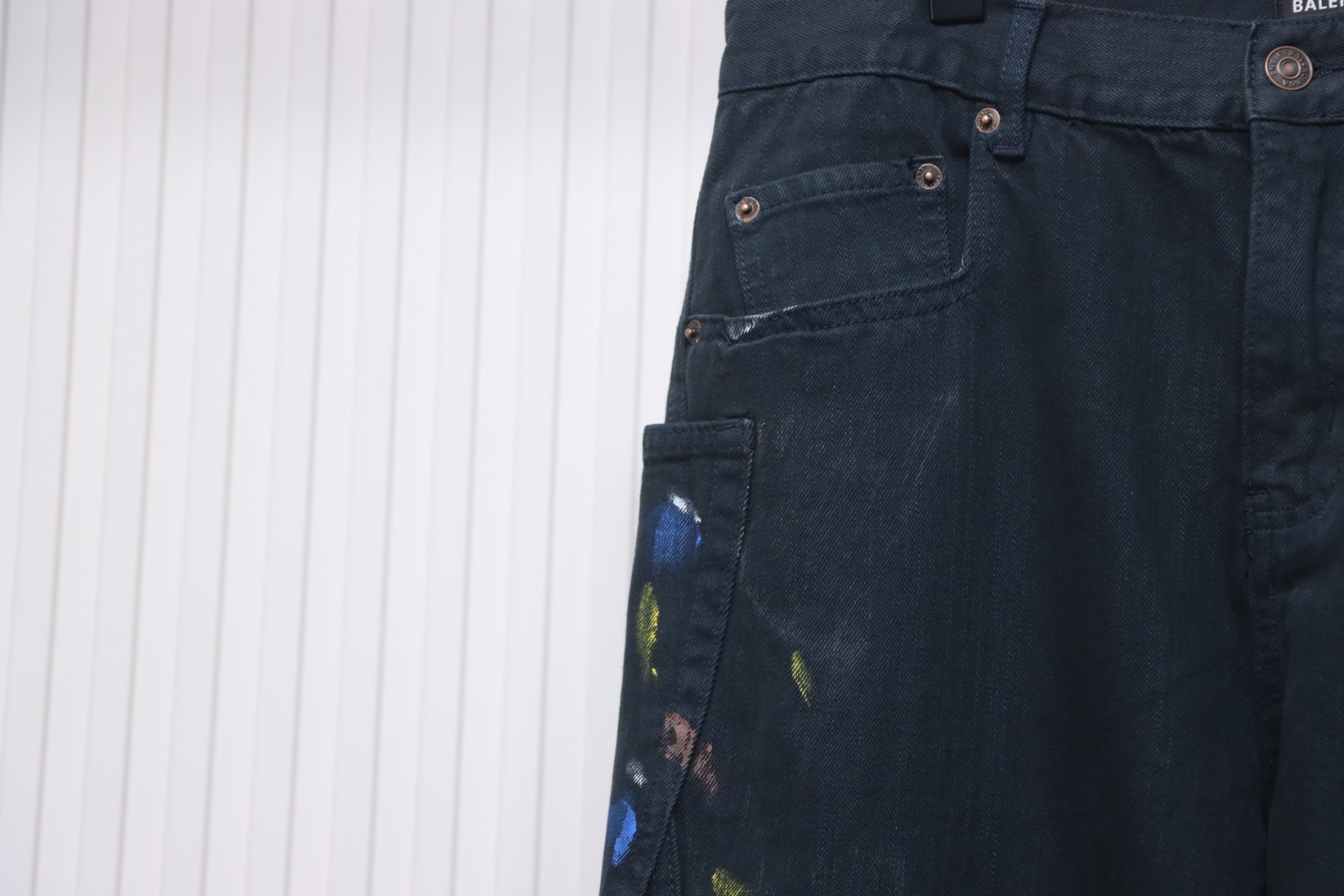 Balenciaga 24SS New Summer Scimitar Hand-Painted Ink Trousers Dark Blue