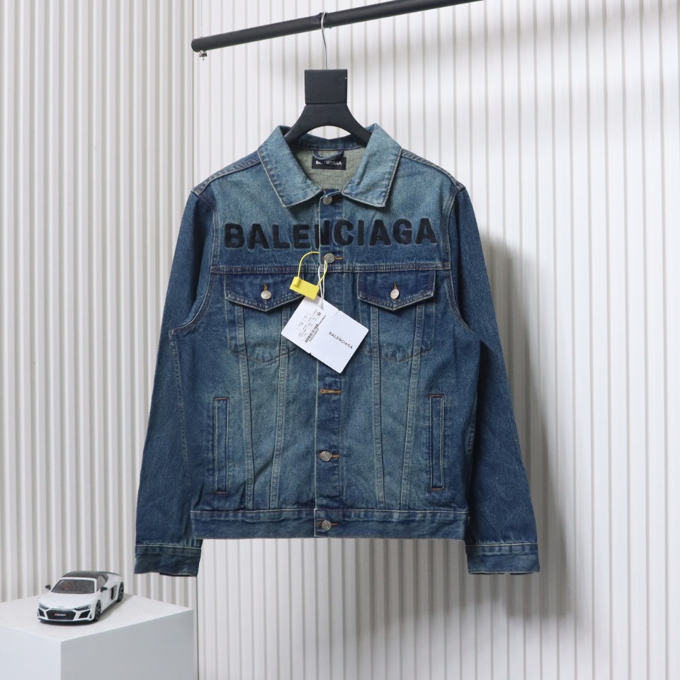 Balenciaga Chest Embroidered Denim Jacket Blue