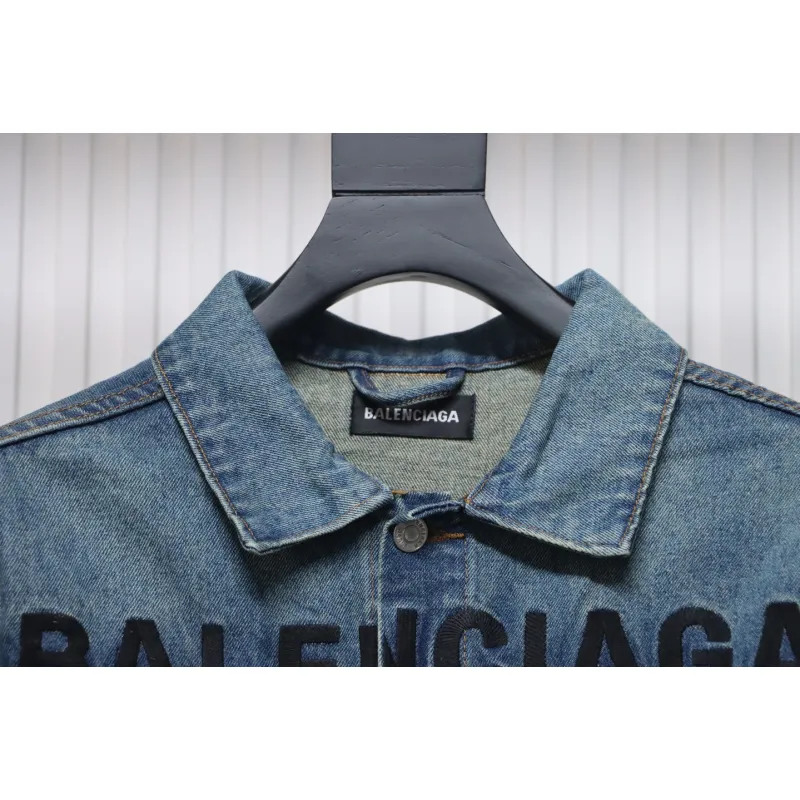 Balenciaga Chest Embroidered Denim Jacket Blue