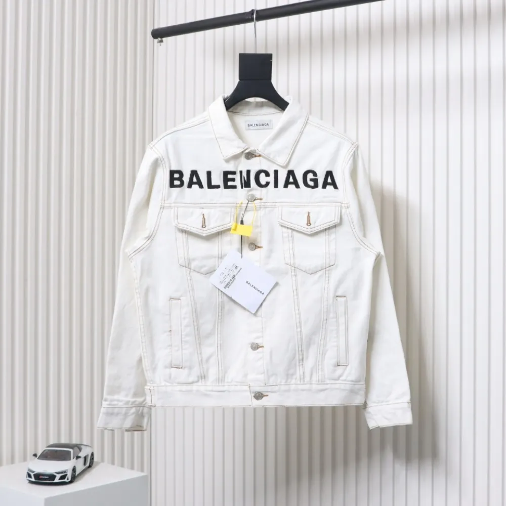 Balenciaga Chest Embroidered Denim Jacket White