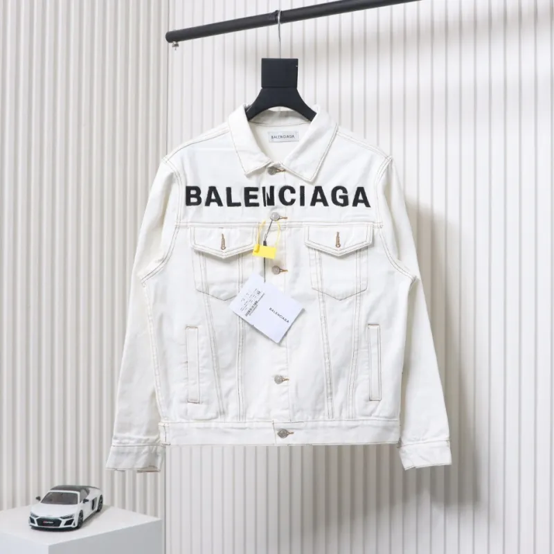 Balenciaga Chest Embroidered Denim Jacket White