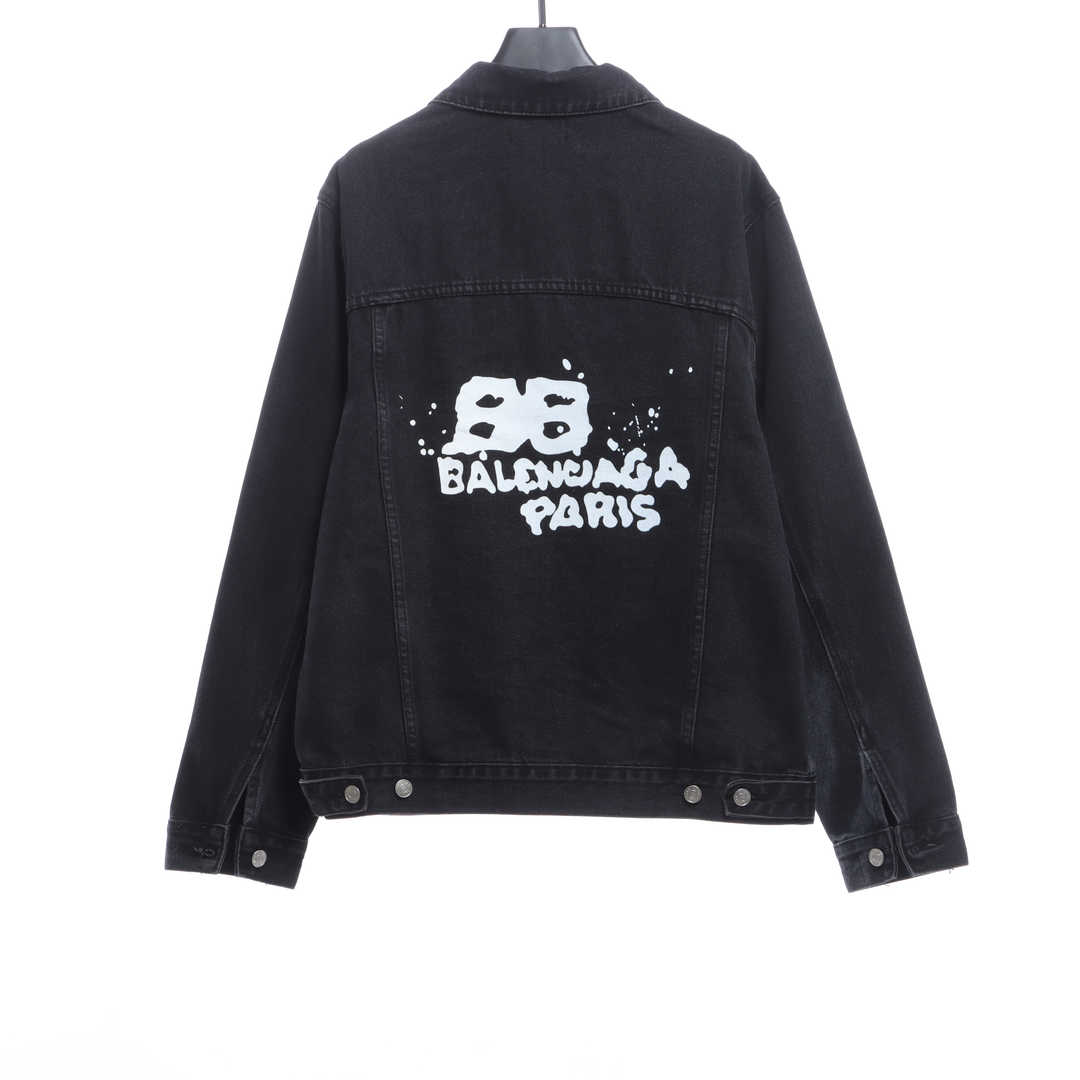 Balenciaga Double B Graffiti Washed Denim Jacket Black