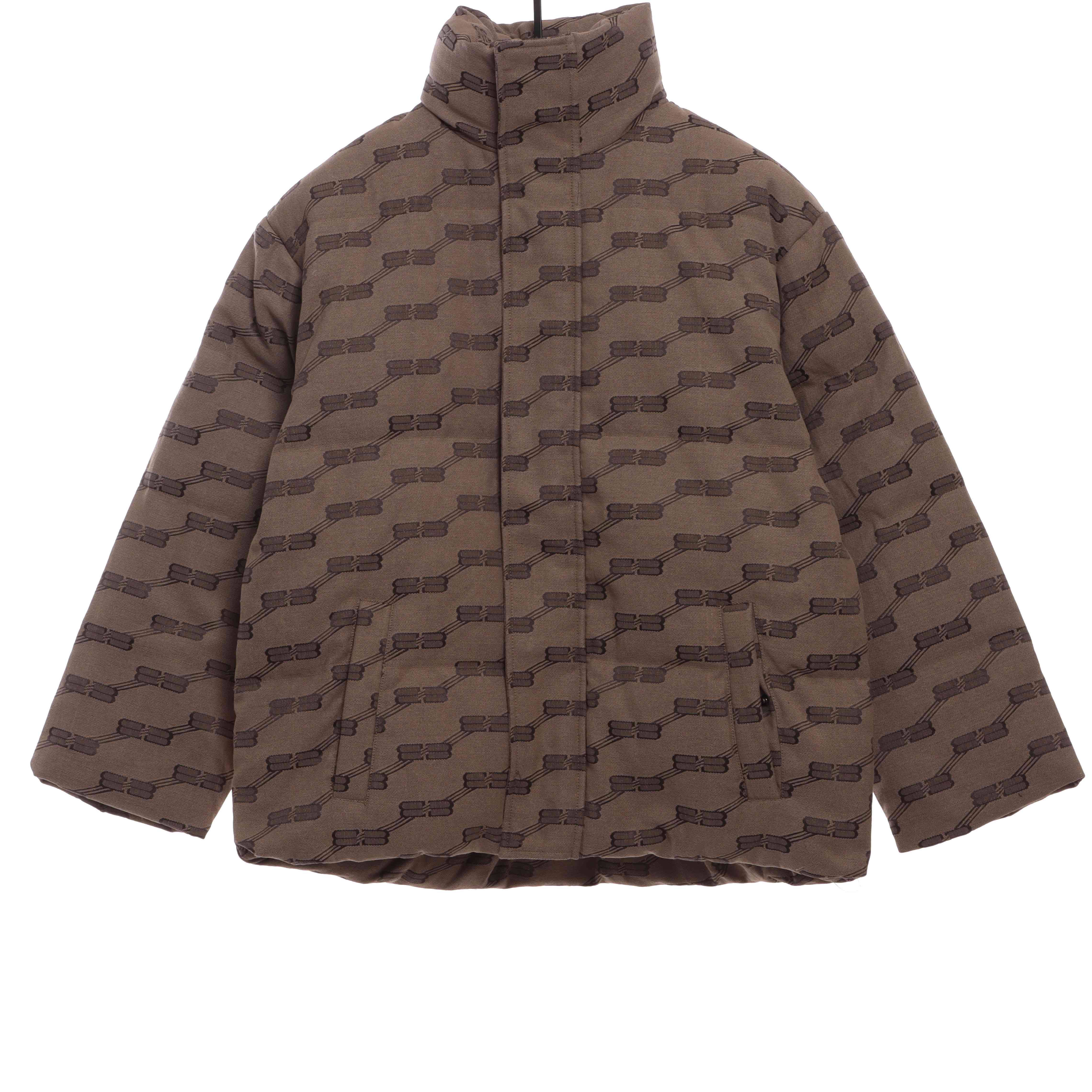 Balenciaga Full-Print Button Jacquard Down Jacket Brown