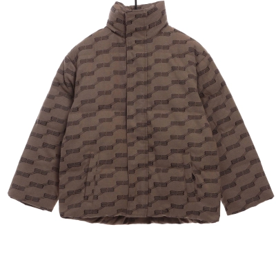 Balenciaga Full-Print Button Jacquard Down Jacket Brown 01
