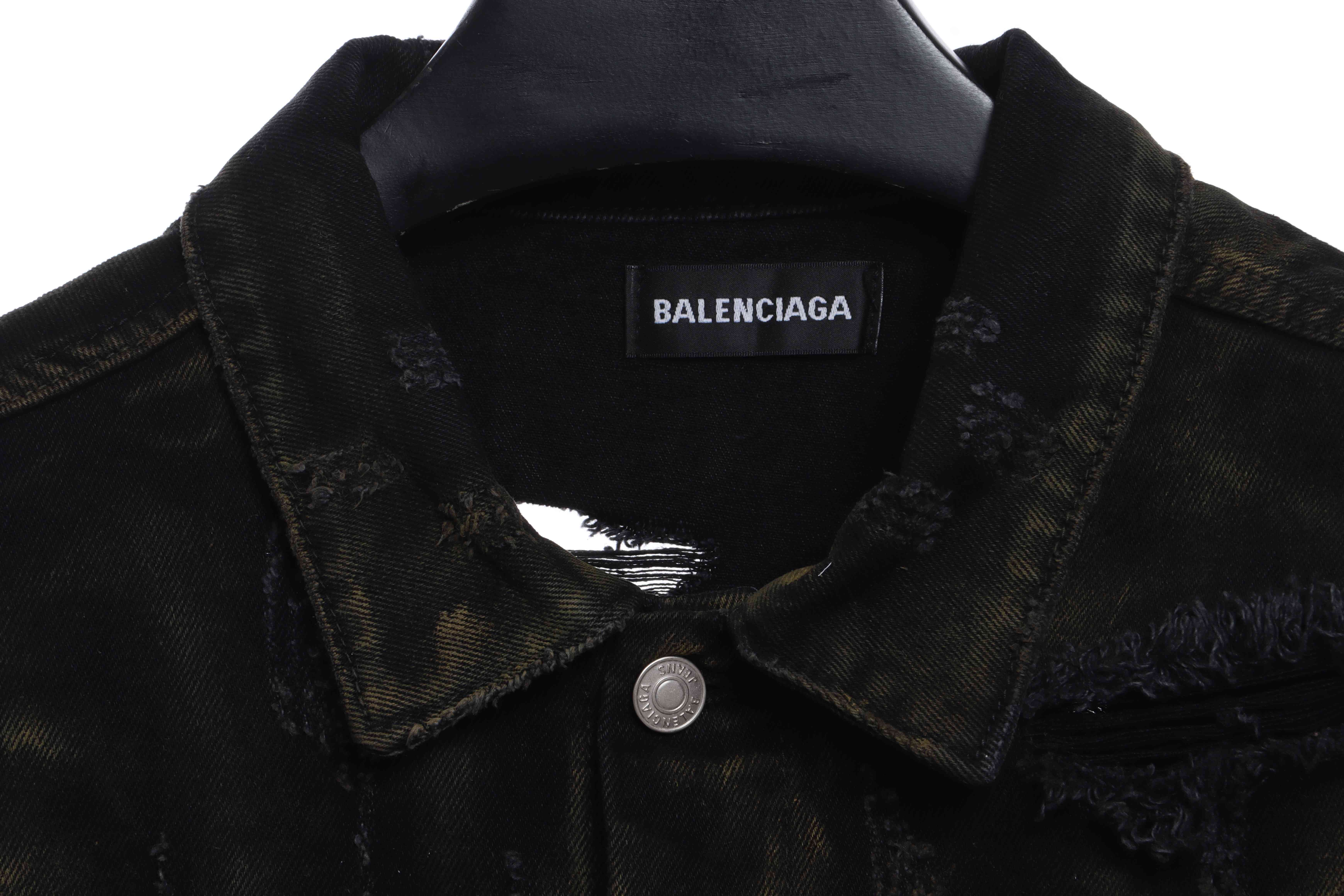 Balenciaga Mud-Dyed Printed Ripped Denim Jacket