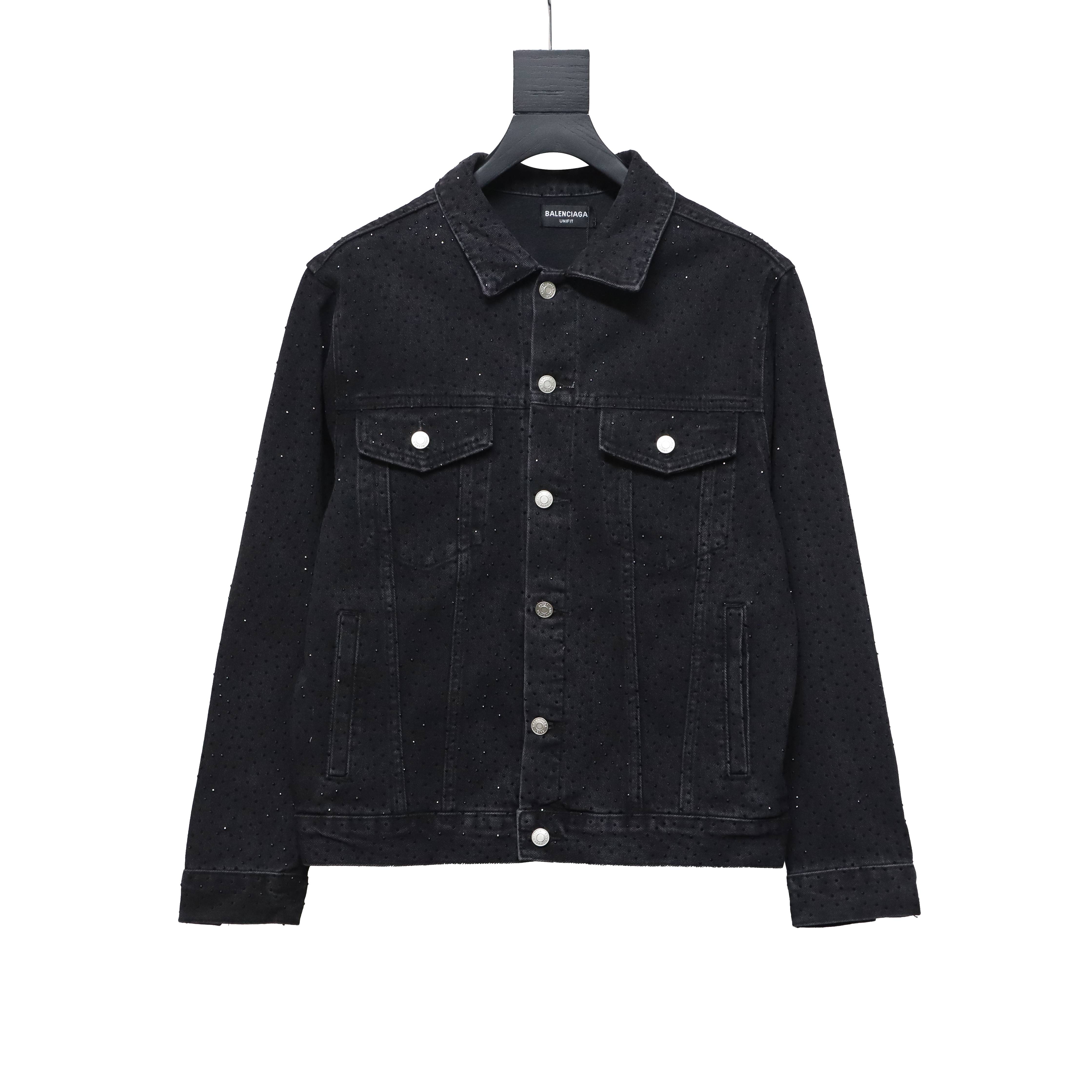 Balenciaga Retro Distressed Starry-Eyed Washed Denim Jacket Black