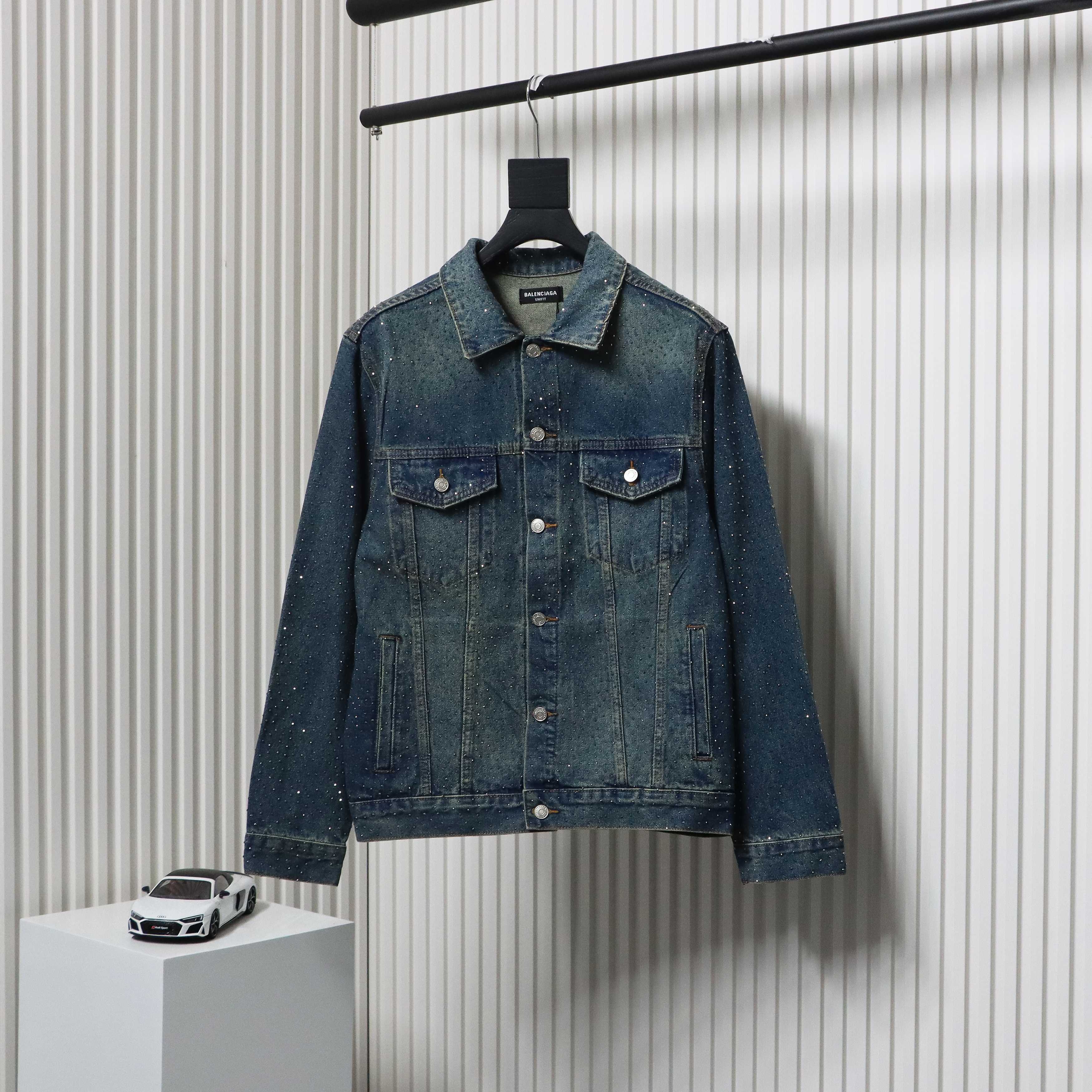 Balenciaga Retro Distressed Starry-Eyed Washed Denim Jacket Blue