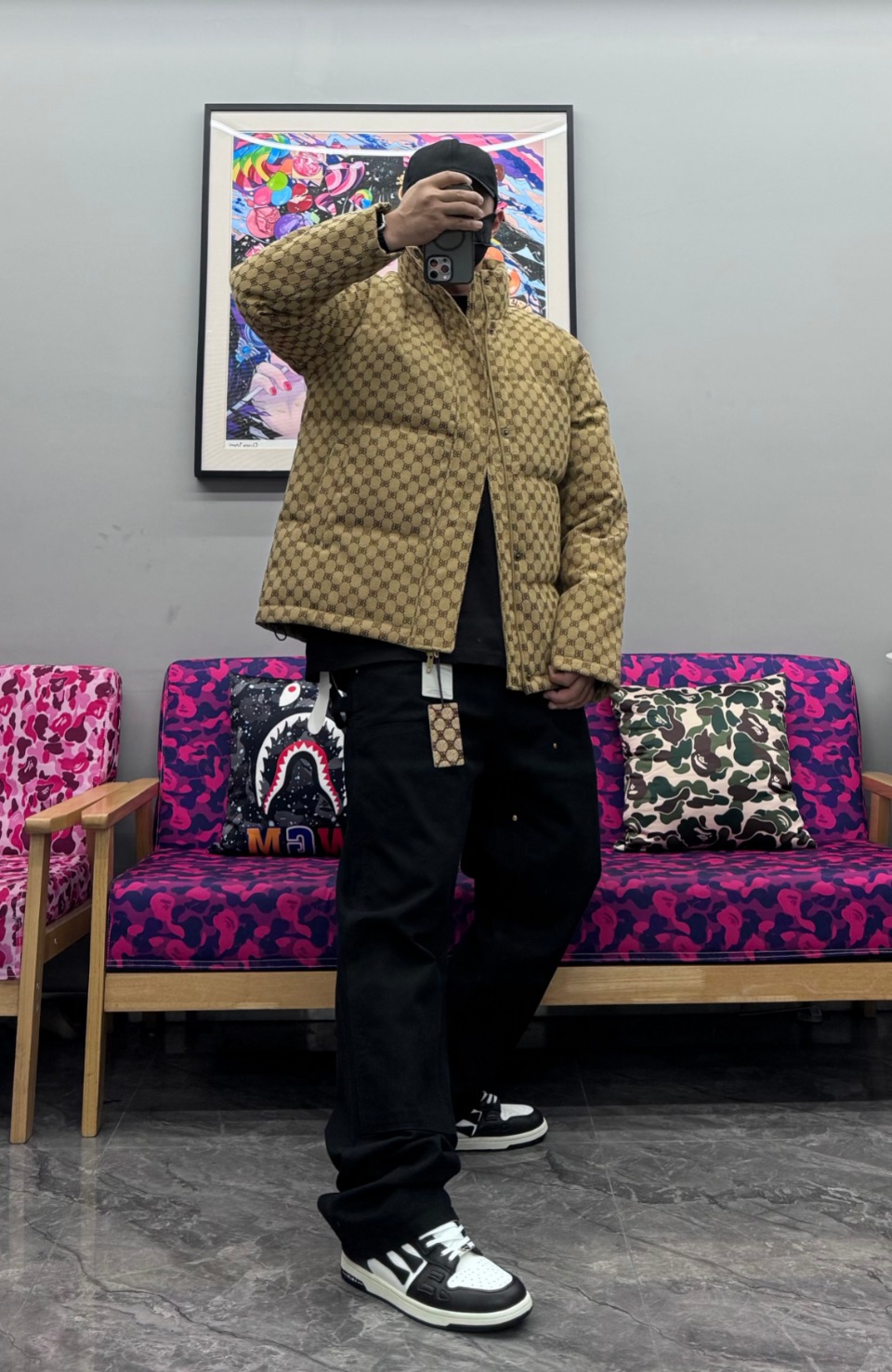 Balenciaga x Gucci Double B Full Print Jacquard Down Jacket Brown