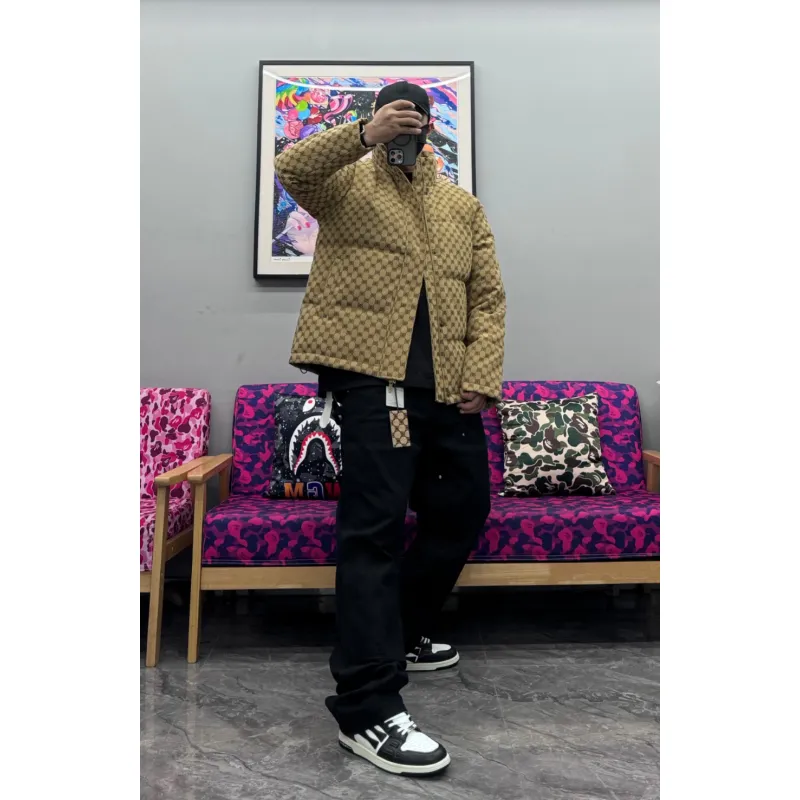 Balenciaga x Gucci Double B Full Print Jacquard Down Jacket Brown
