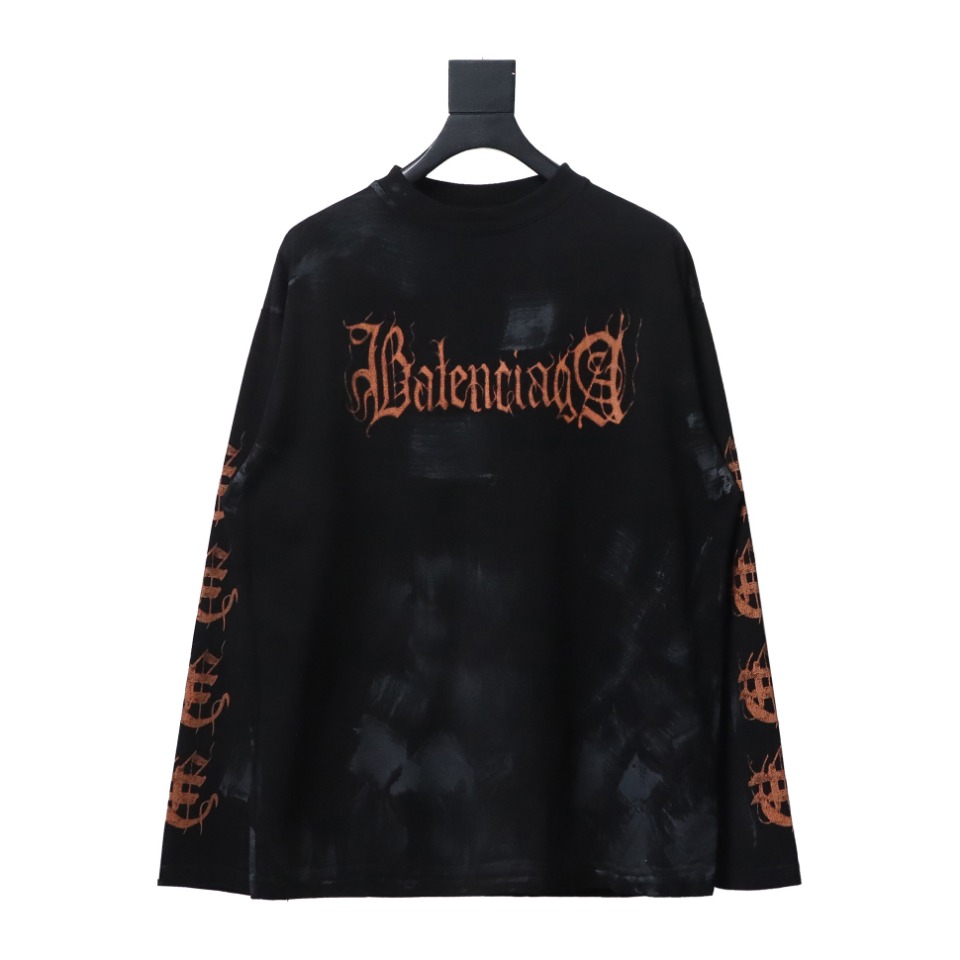 Balenciaga 23ss Mud-Dyed Distressed Metal Sanskrit Long-Sleeved T-shirt
