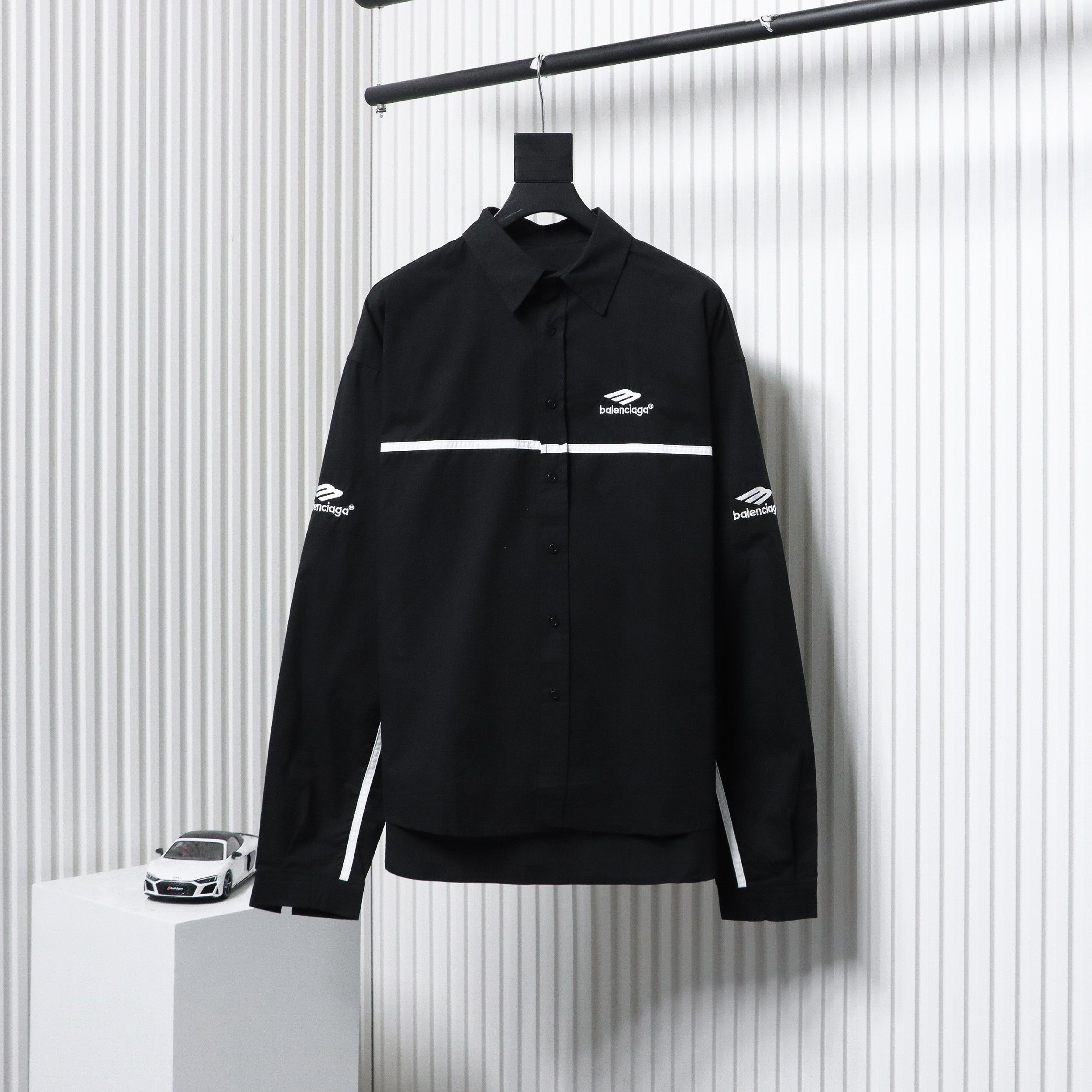Balenciaga 24FW 3B White Stripe Embroidery Long Sleeve Shirt Black