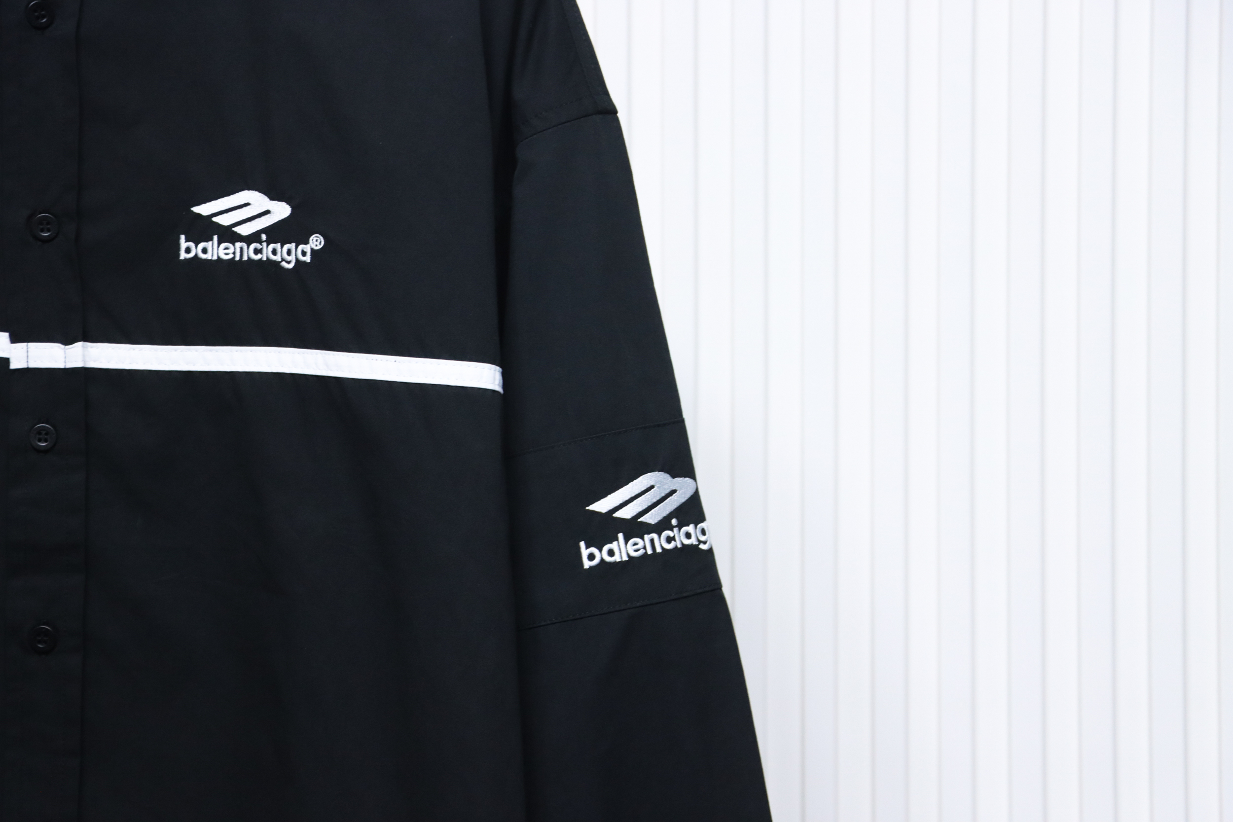 Balenciaga 24FW 3B White Stripe Embroidery Long Sleeve Shirt Black