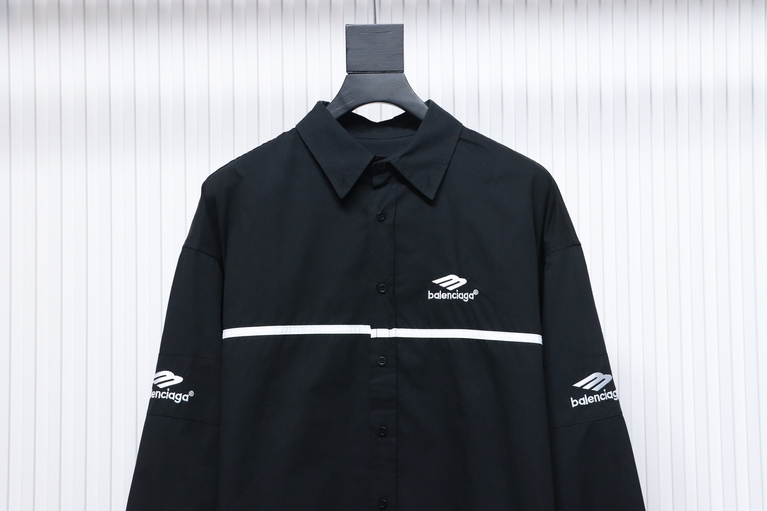 Balenciaga 24FW 3B White Stripe Embroidery Long Sleeve Shirt Black
