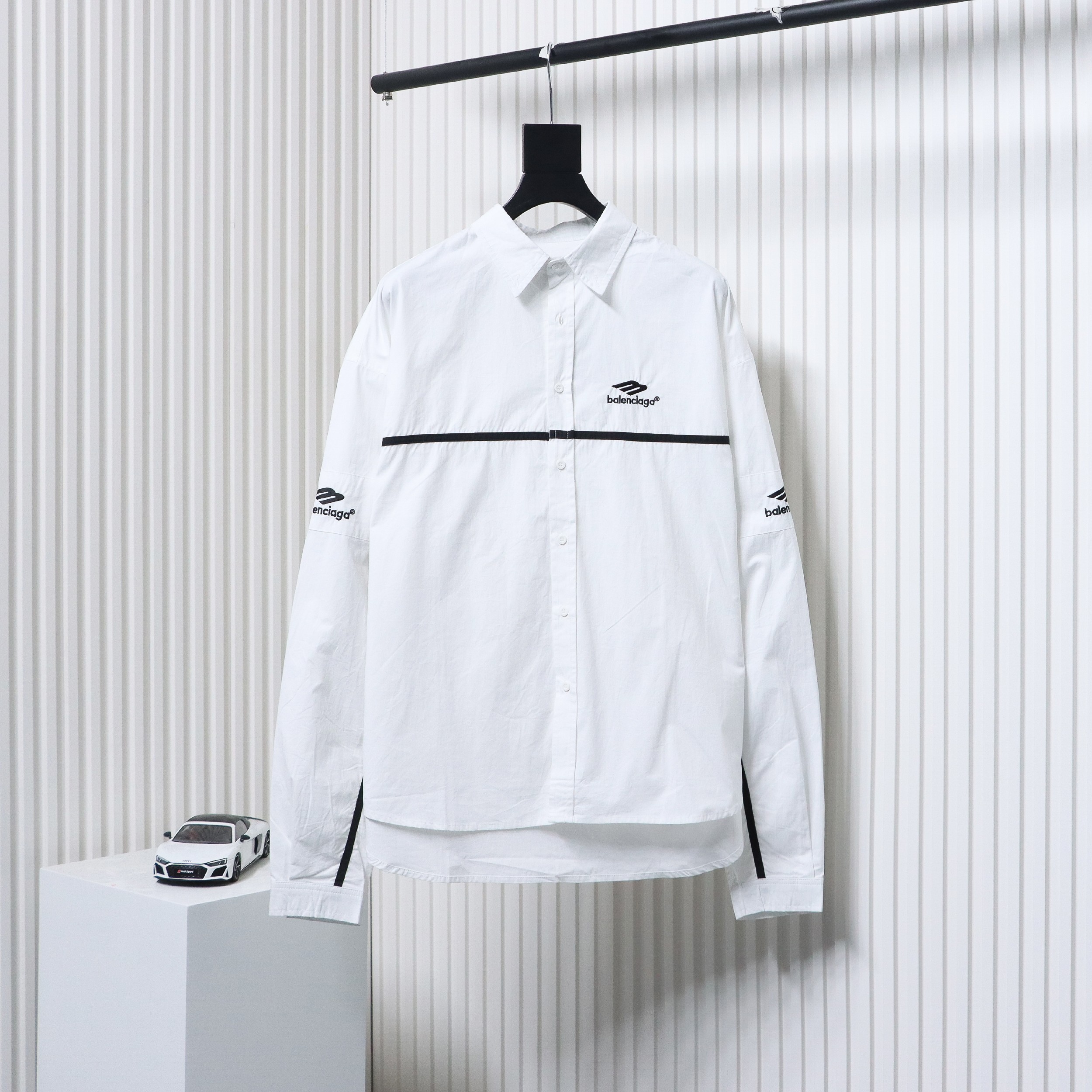 Balenciaga 24FW 3B White Stripe Embroidery Long Sleeve Shirt White