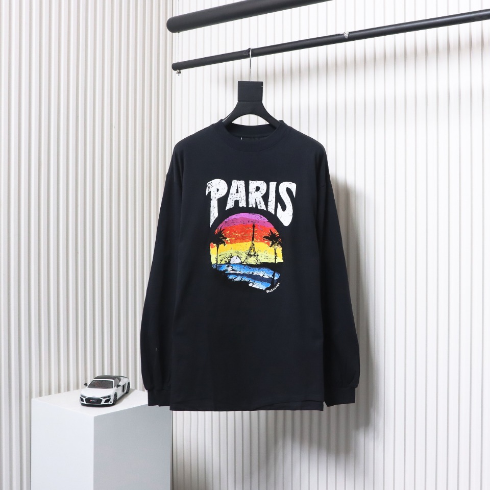 Balenciaga 24SS Beach Painting Night Scene Print Long Sleeve T-shirt Black