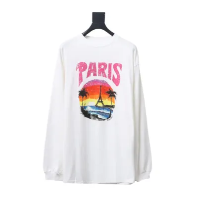 Balenciaga 24SS Beach Painting Night Scene Print Long Sleeve T-shirt White 01