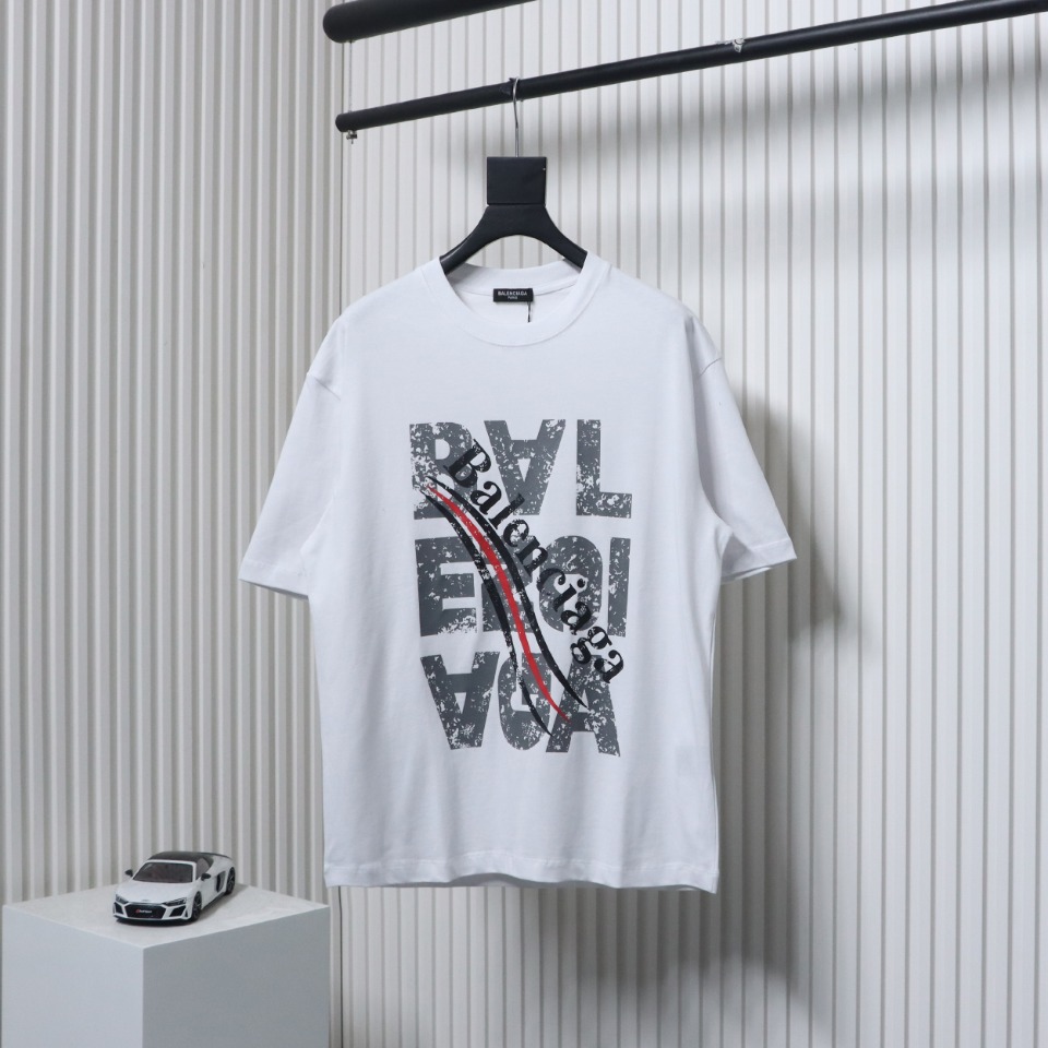 Balenciaga 24ss Mottled Distressed Letter Logo Short Sleeves White