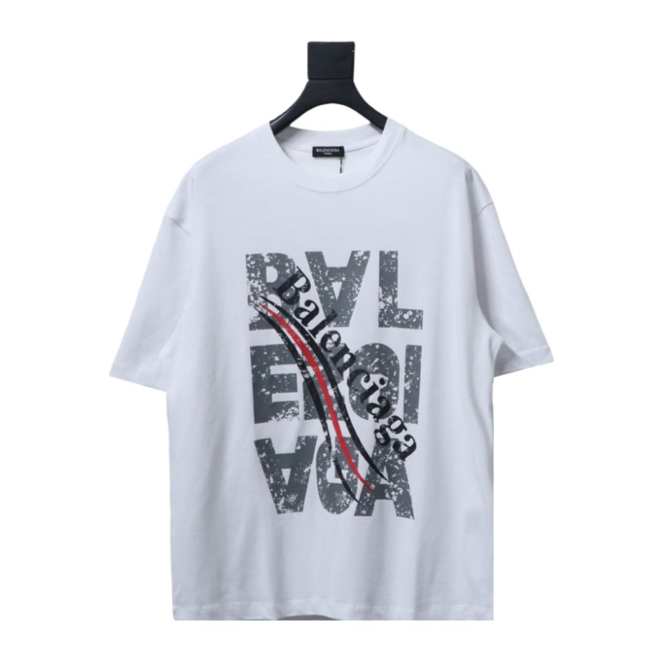 Balenciaga 24ss Mottled Distressed Letter Logo Short Sleeves White