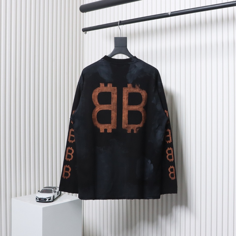 Balenciaga 24sss double B Heavy Washed Hand-Painted Old Bitcoin Long-Sleeved T-shirt
