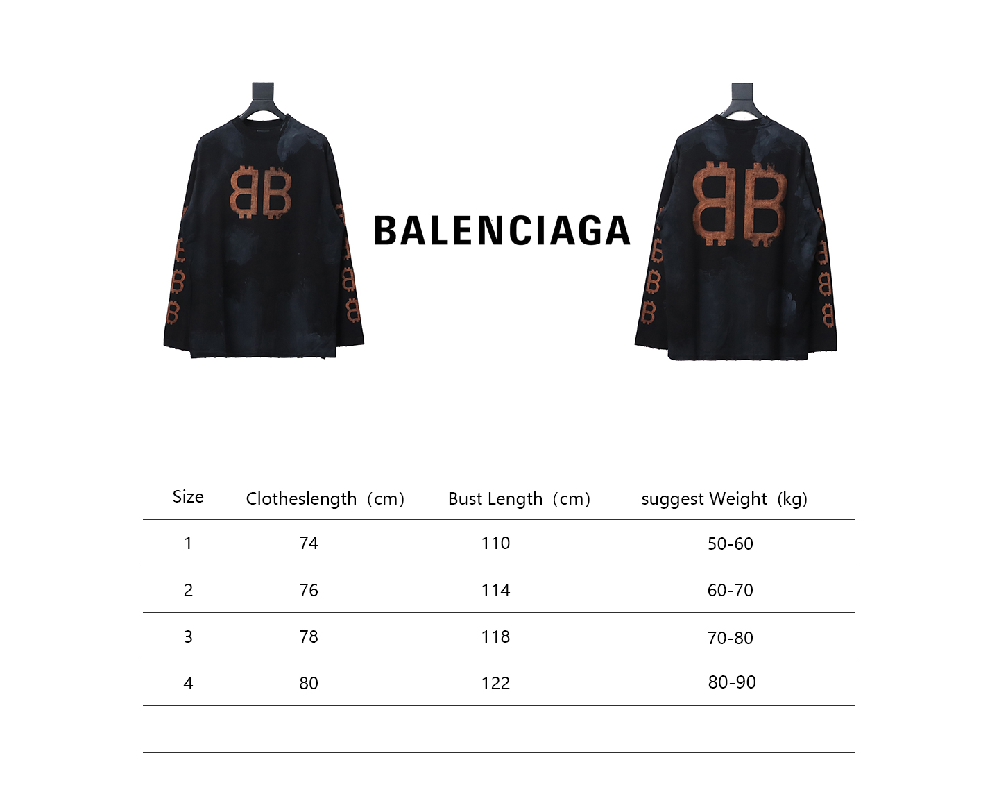 Balenciaga 24sss double B Heavy Washed Hand-Painted Old Bitcoin Long-Sleeved T-shirt
