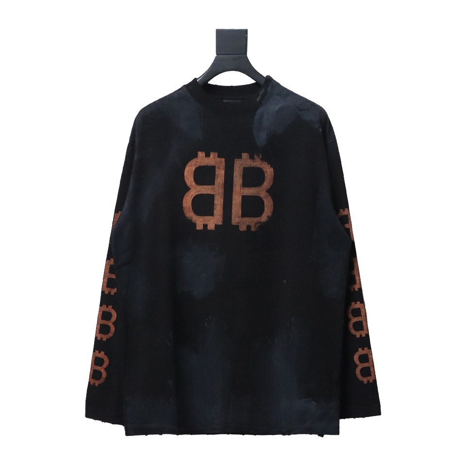 Balenciaga 24sss double B Heavy Washed Hand-Painted Old Bitcoin Long-Sleeved T-shirt
