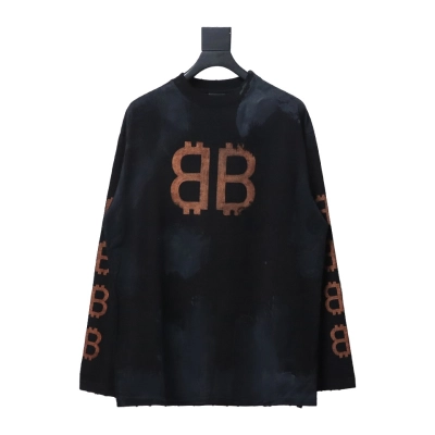 Balenciaga 24sss double B Heavy Washed Hand-Painted Old Bitcoin Long-Sleeved T-shirt 01