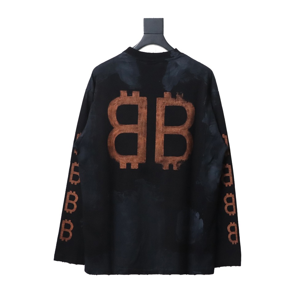 Balenciaga 24sss double B Heavy Washed Hand-Painted Old Bitcoin Long-Sleeved T-shirt