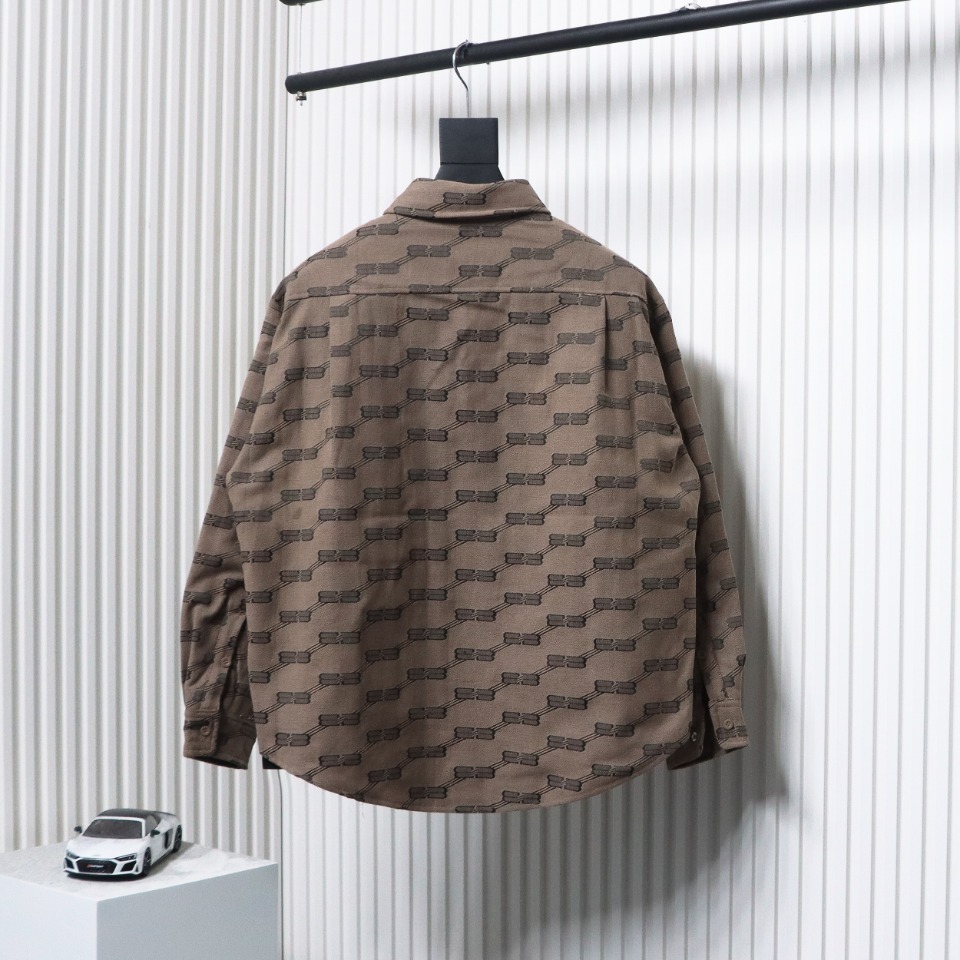 Balenciaga All-Over Print Button-Down Jacquard Cotton Shirt Brown