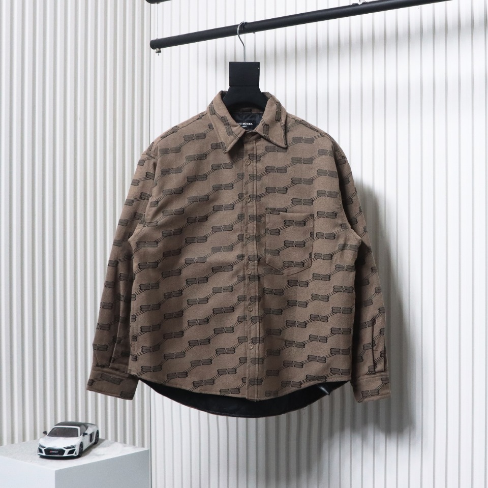 Balenciaga All-Over Print Button-Down Jacquard Cotton Shirt Brown