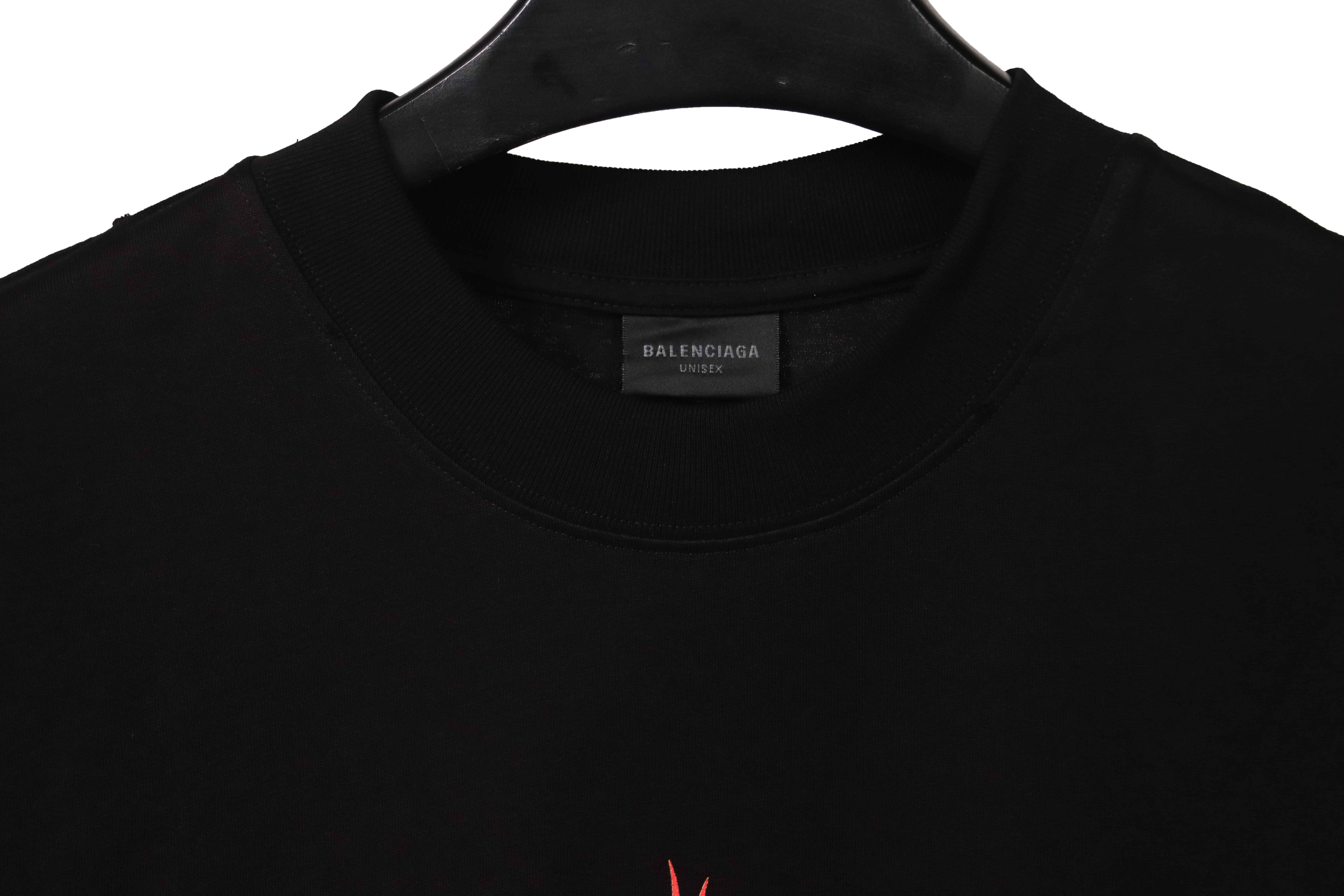 Balenciaga Distressed Flame Double Ring Short Sleeves Black