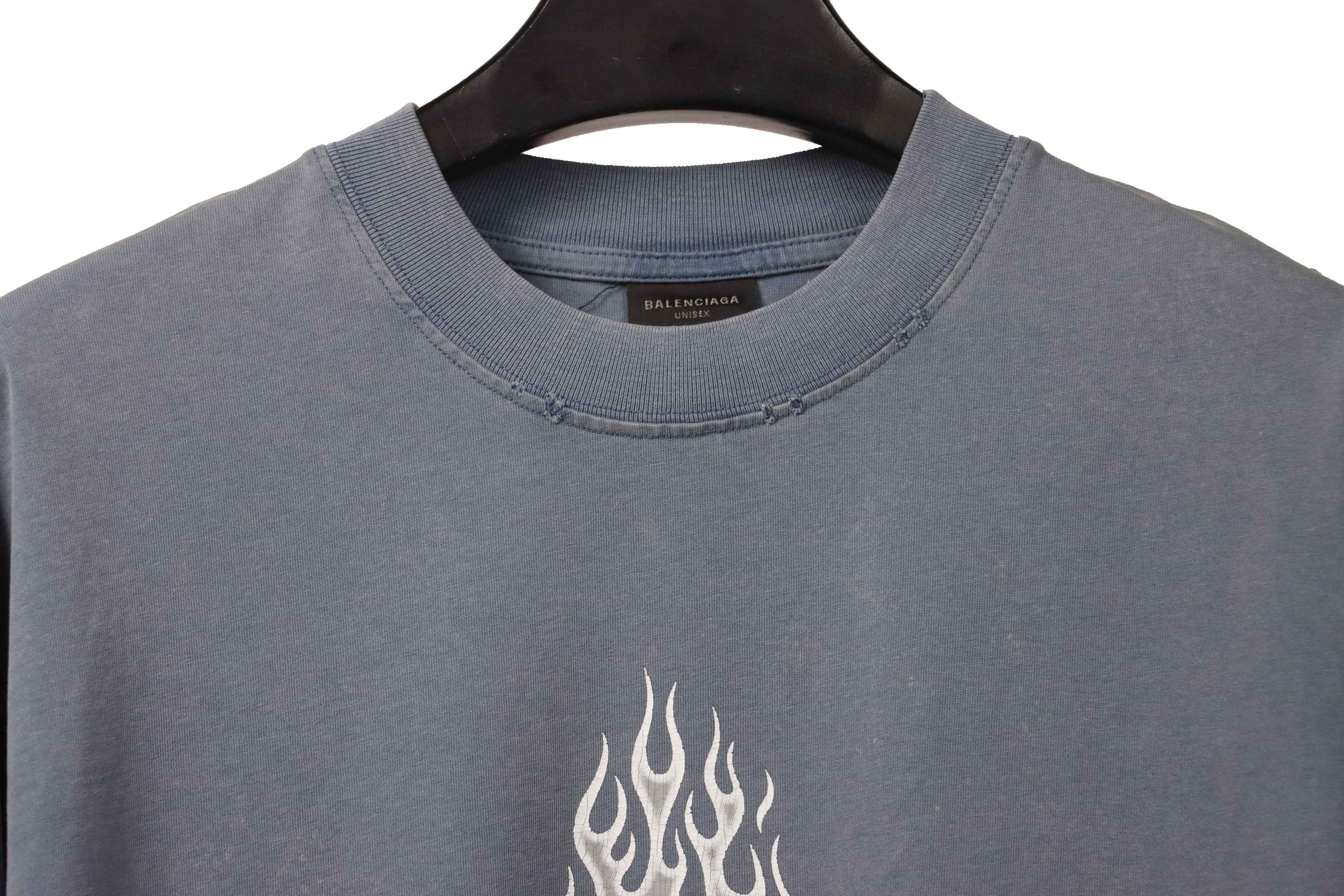 Balenciaga Distressed Flame Double Ring Short Sleeves Blue