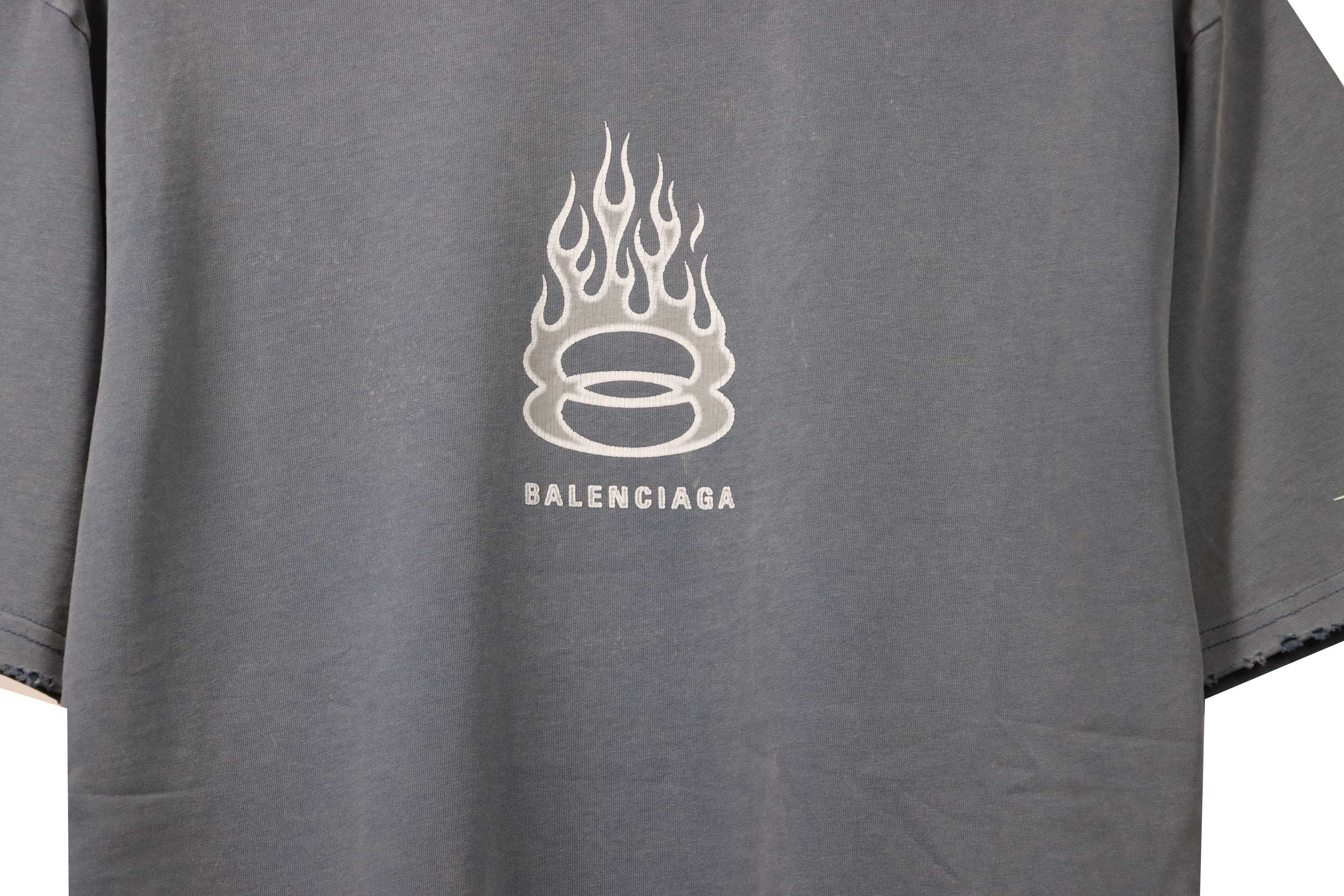 Balenciaga Distressed Flame Double Ring Short Sleeves Blue