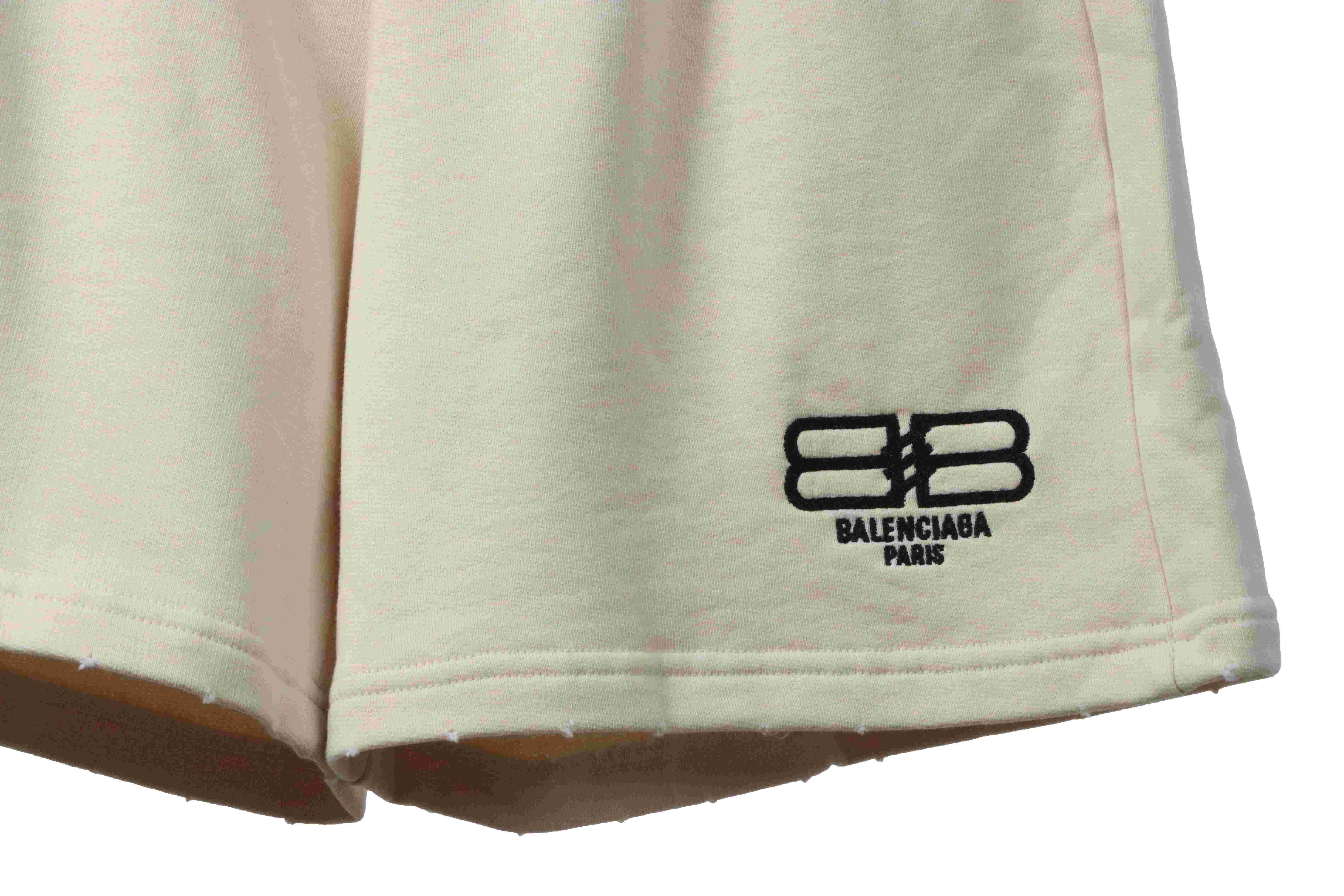 Balenciaga Distressed Washed Hole Lock Embroidered Shorts Beige