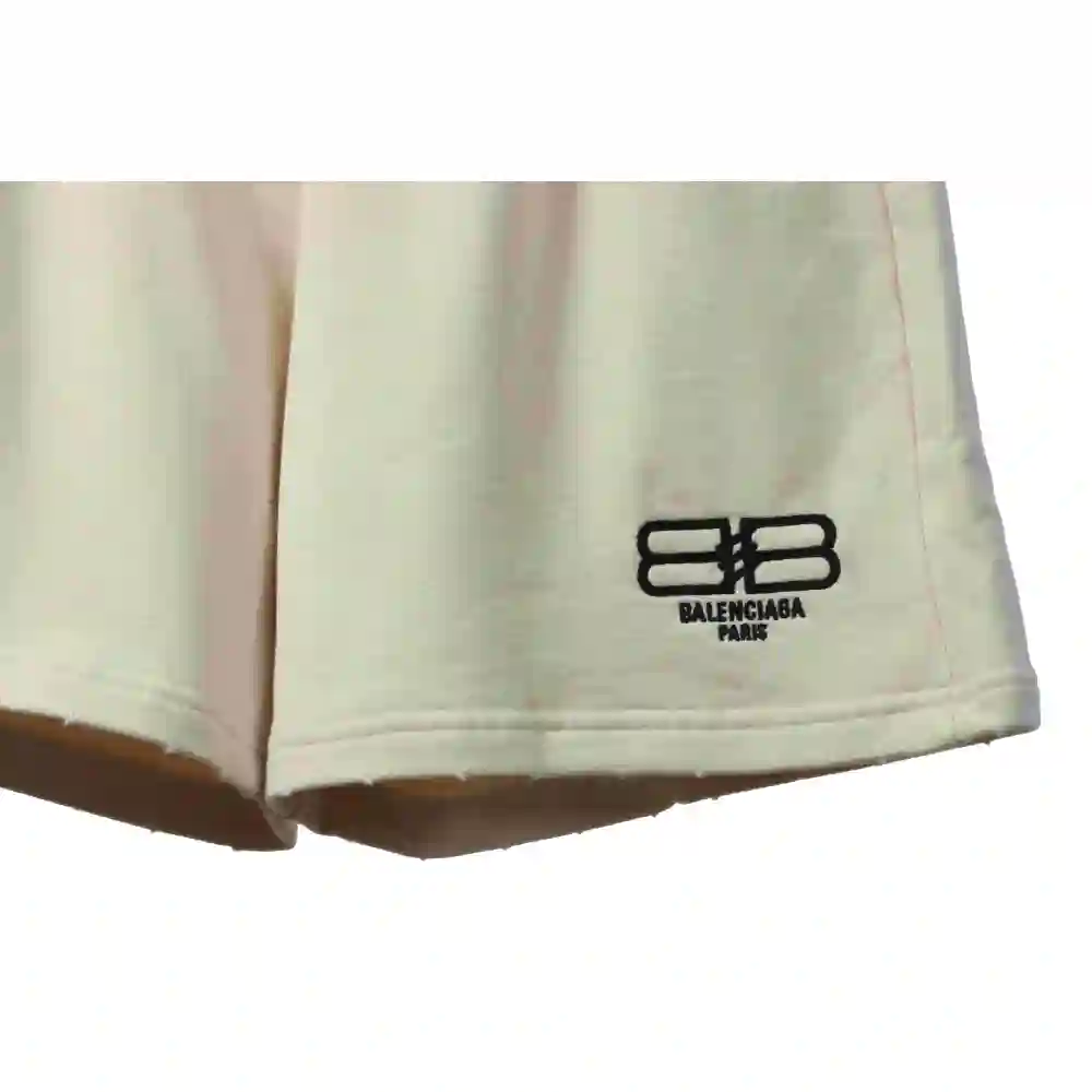 Balenciaga Distressed Washed Hole Lock Embroidered Shorts Beige