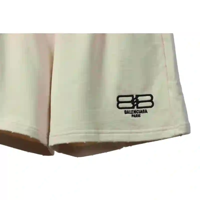 Balenciaga Distressed Washed Hole Lock Embroidered Shorts Beige
