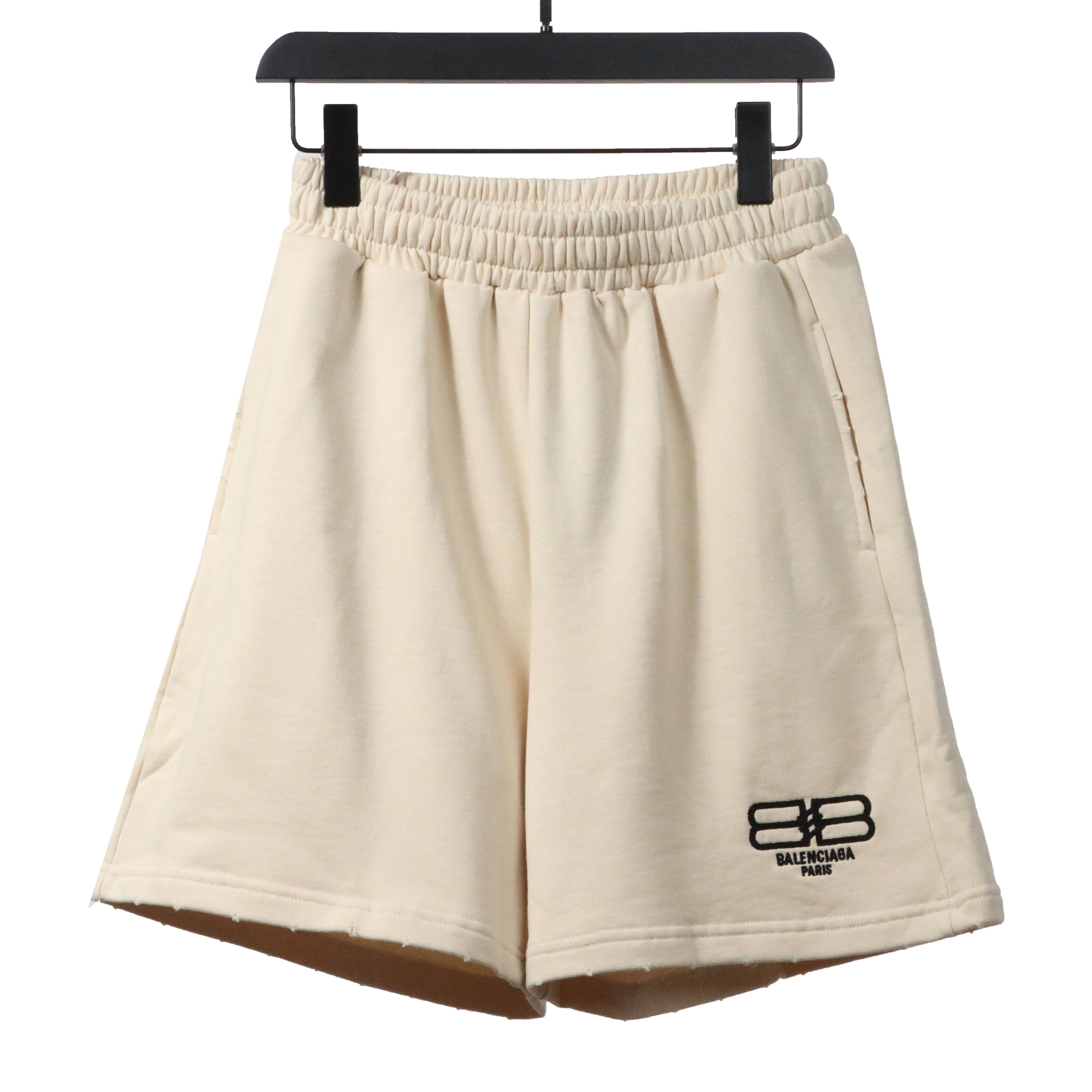 Balenciaga Distressed Washed Hole Lock Embroidered Shorts Beige