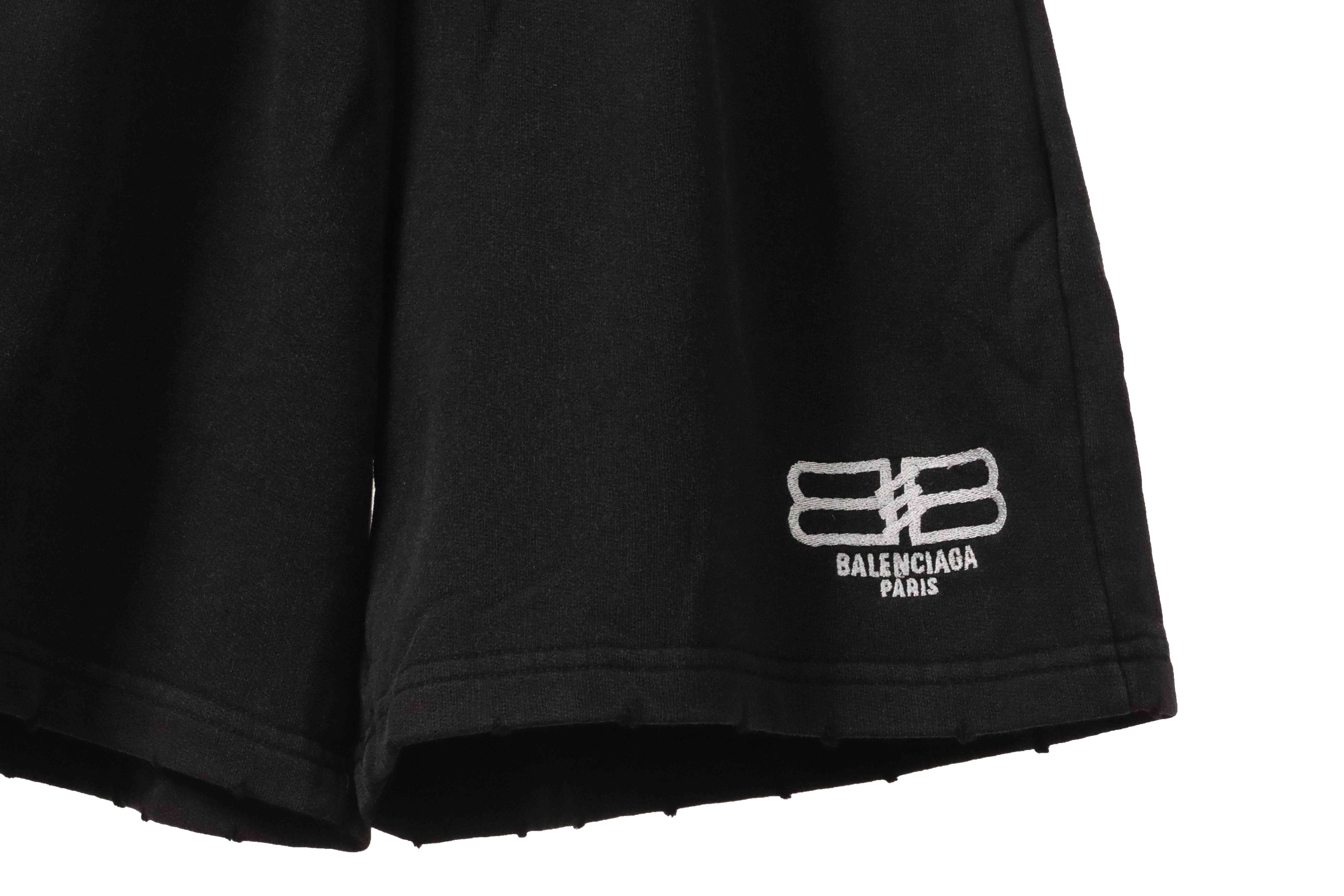 Balenciaga Distressed Washed Hole Lock Embroidered Shorts Black